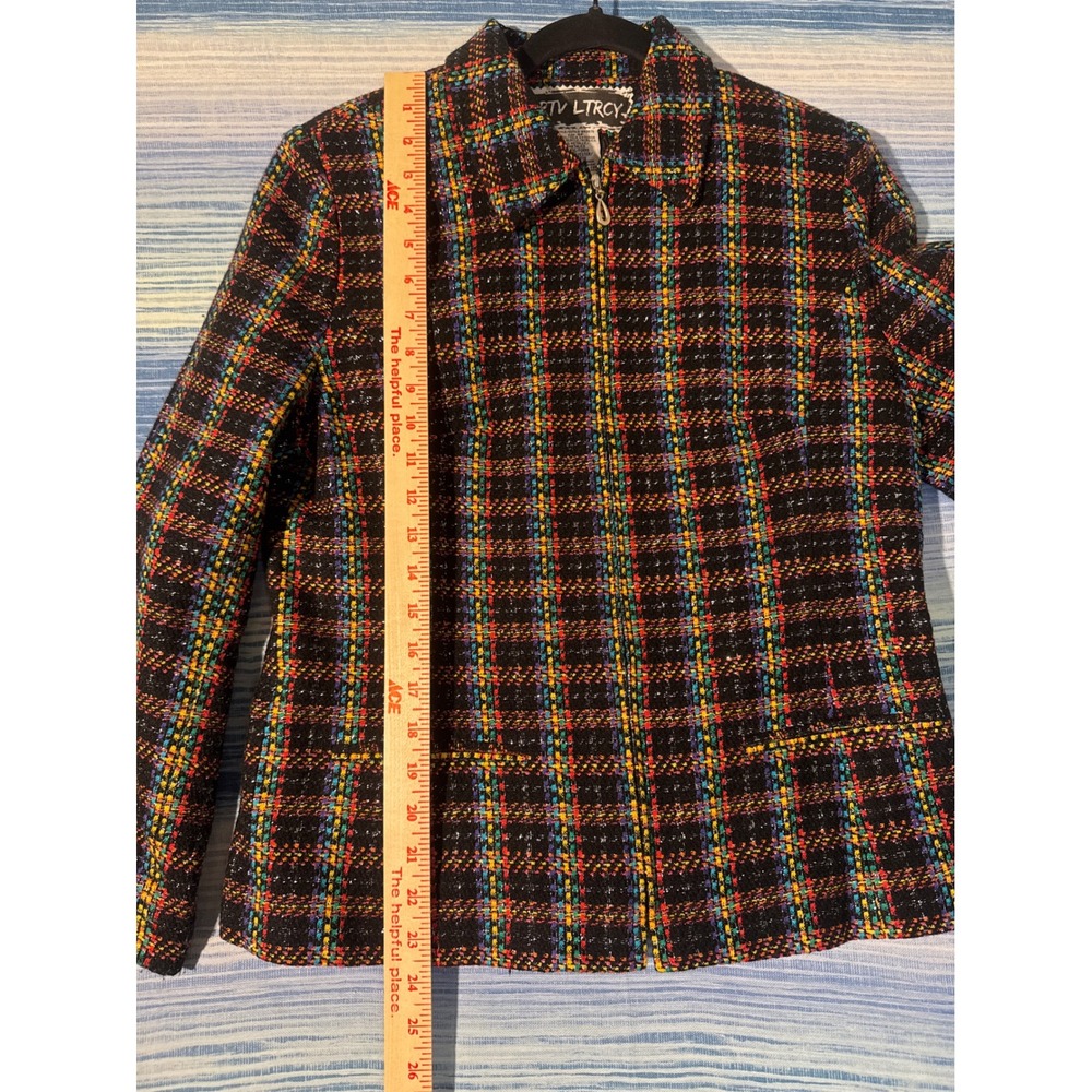Upcycled Rainbow Tweed Jacket Unicorn Applique I Ride With Pride Womens 8 Petite - Picture 6 of 7